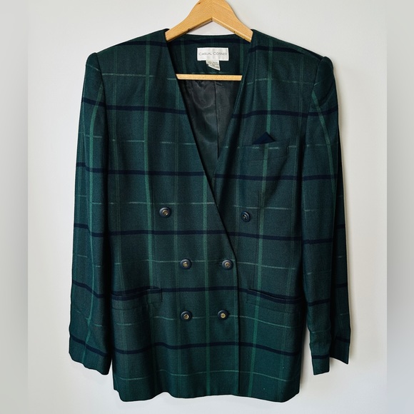 Vintage Green & Dark Navy Window Pane Plaid Double Breasted Blazer Size 10 - Picture 2 of 11